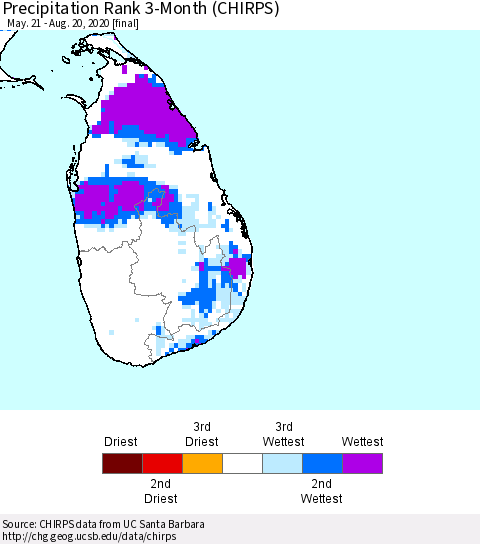 Sri Lanka Precipitation Rank 3-Month (CHIRPS) Thematic Map For 5/21/2020 - 8/20/2020
