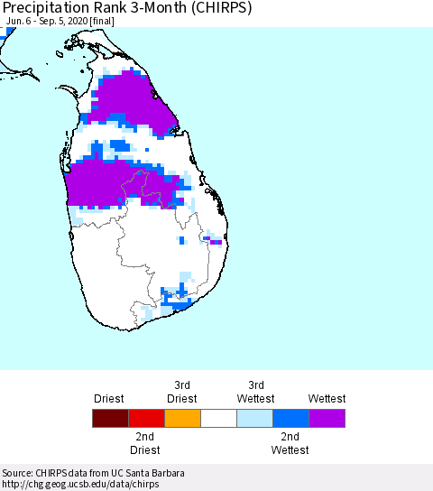 Sri Lanka Precipitation Rank since 1981, 3-Month (CHIRPS) Thematic Map For 6/6/2020 - 9/5/2020