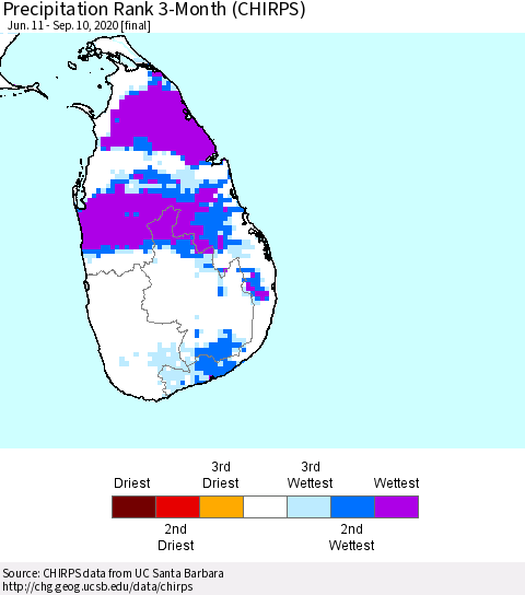 Sri Lanka Precipitation Rank 3-Month (CHIRPS) Thematic Map For 6/11/2020 - 9/10/2020