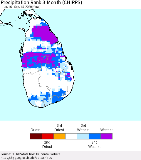 Sri Lanka Precipitation Rank since 1981, 3-Month (CHIRPS) Thematic Map For 6/16/2020 - 9/15/2020