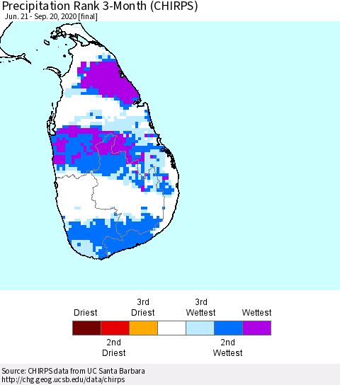 Sri Lanka Precipitation Rank 3-Month (CHIRPS) Thematic Map For 6/21/2020 - 9/20/2020