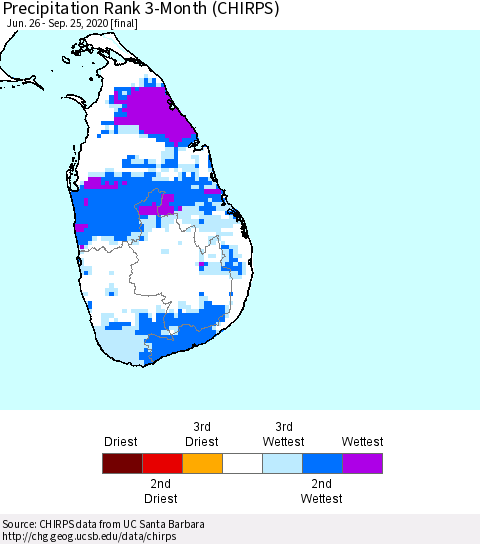 Sri Lanka Precipitation Rank 3-Month (CHIRPS) Thematic Map For 6/26/2020 - 9/25/2020