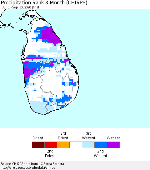 Sri Lanka Precipitation Rank 3-Month (CHIRPS) Thematic Map For 7/1/2020 - 9/30/2020