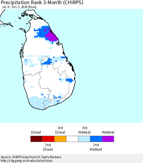 Sri Lanka Precipitation Rank since 1981, 3-Month (CHIRPS) Thematic Map For 7/6/2020 - 10/5/2020