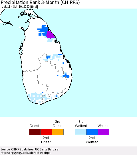 Sri Lanka Precipitation Rank since 1981, 3-Month (CHIRPS) Thematic Map For 7/11/2020 - 10/10/2020