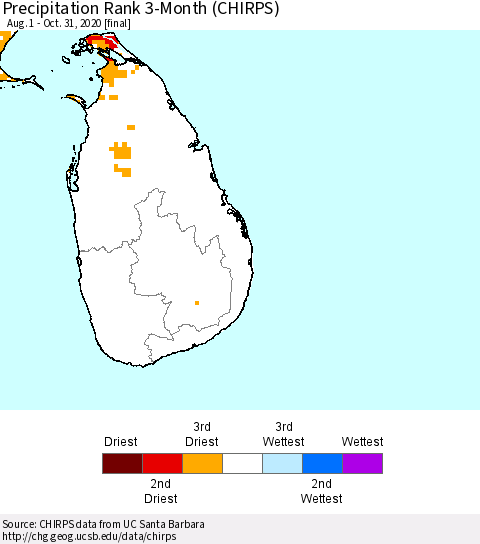 Sri Lanka Precipitation Rank since 1981, 3-Month (CHIRPS) Thematic Map For 8/1/2020 - 10/31/2020