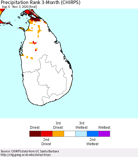 Sri Lanka Precipitation Rank 3-Month (CHIRPS) Thematic Map For 8/6/2020 - 11/5/2020
