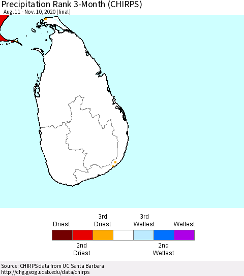 Sri Lanka Precipitation Rank since 1981, 3-Month (CHIRPS) Thematic Map For 8/11/2020 - 11/10/2020