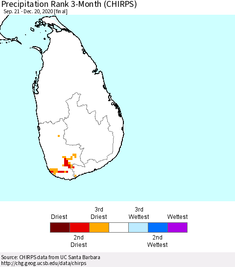 Sri Lanka Precipitation Rank since 1981, 3-Month (CHIRPS) Thematic Map For 9/21/2020 - 12/20/2020
