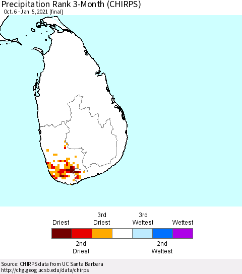 Sri Lanka Precipitation Rank since 1981, 3-Month (CHIRPS) Thematic Map For 10/6/2020 - 1/5/2021