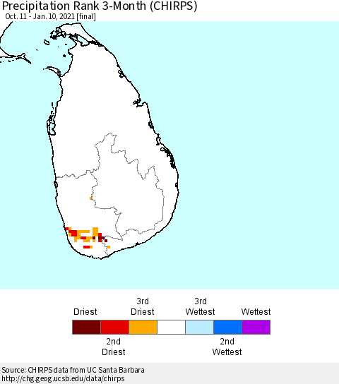 Sri Lanka Precipitation Rank since 1981, 3-Month (CHIRPS) Thematic Map For 10/11/2020 - 1/10/2021