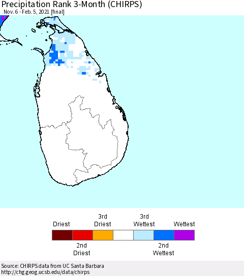 Sri Lanka Precipitation Rank since 1981, 3-Month (CHIRPS) Thematic Map For 11/6/2020 - 2/5/2021