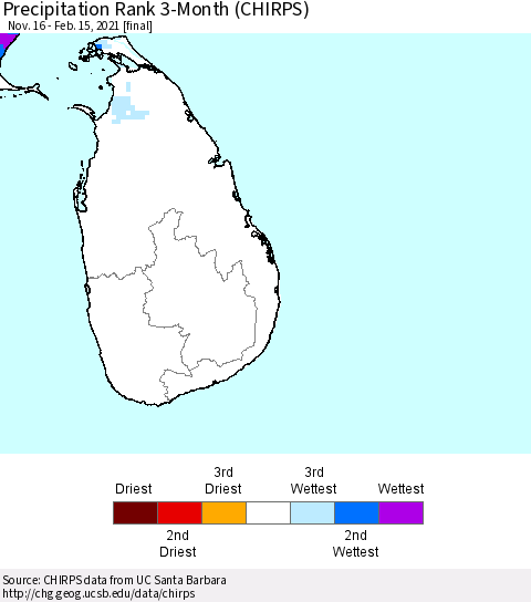 Sri Lanka Precipitation Rank since 1981, 3-Month (CHIRPS) Thematic Map For 11/16/2020 - 2/15/2021