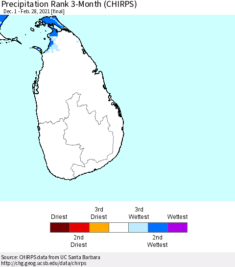 Sri Lanka Precipitation Rank since 1981, 3-Month (CHIRPS) Thematic Map For 12/1/2020 - 2/28/2021