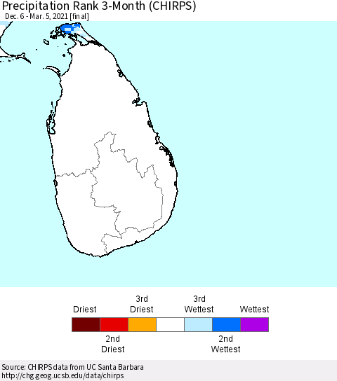 Sri Lanka Precipitation Rank since 1981, 3-Month (CHIRPS) Thematic Map For 12/6/2020 - 3/5/2021