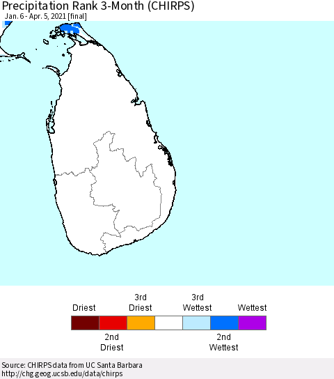 Sri Lanka Precipitation Rank 3-Month (CHIRPS) Thematic Map For 1/6/2021 - 4/5/2021