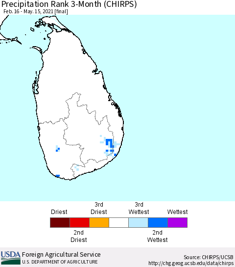 Sri Lanka Precipitation Rank since 1981, 3-Month (CHIRPS) Thematic Map For 2/16/2021 - 5/15/2021