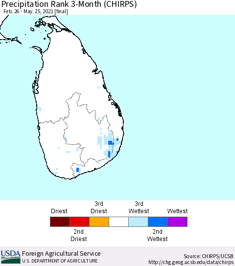 Sri Lanka Precipitation Rank since 1981, 3-Month (CHIRPS) Thematic Map For 2/26/2021 - 5/25/2021