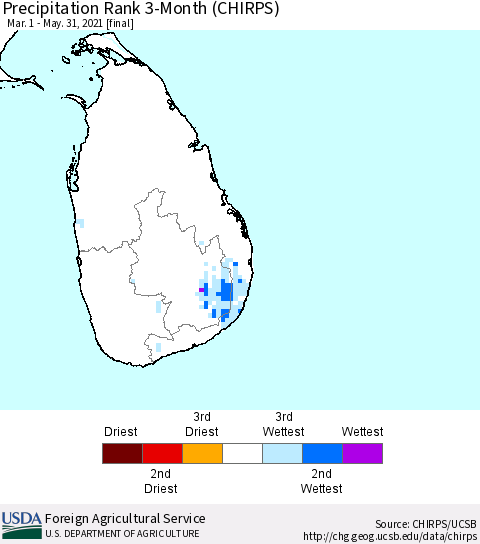 Sri Lanka Precipitation Rank since 1981, 3-Month (CHIRPS) Thematic Map For 3/1/2021 - 5/31/2021
