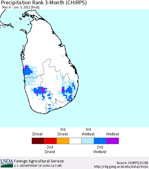 Sri Lanka Precipitation Rank since 1981, 3-Month (CHIRPS) Thematic Map For 3/6/2021 - 6/5/2021