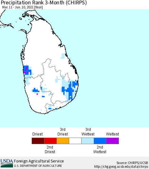 Sri Lanka Precipitation Rank 3-Month (CHIRPS) Thematic Map For 3/11/2021 - 6/10/2021
