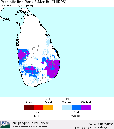 Sri Lanka Precipitation Rank since 1981, 3-Month (CHIRPS) Thematic Map For 3/16/2021 - 6/15/2021