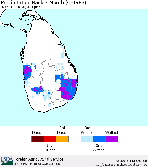 Sri Lanka Precipitation Rank since 1981, 3-Month (CHIRPS) Thematic Map For 3/21/2021 - 6/20/2021
