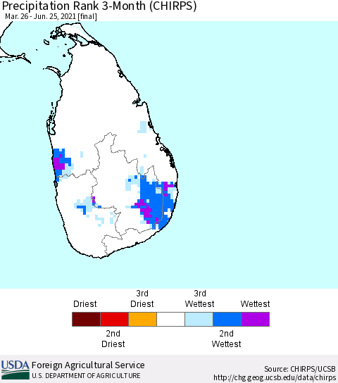 Sri Lanka Precipitation Rank since 1981, 3-Month (CHIRPS) Thematic Map For 3/26/2021 - 6/25/2021