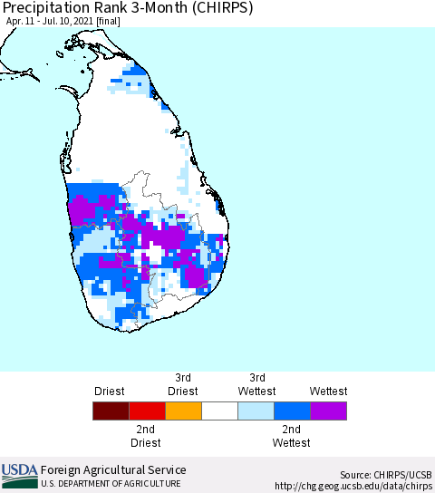 Sri Lanka Precipitation Rank since 1981, 3-Month (CHIRPS) Thematic Map For 4/11/2021 - 7/10/2021
