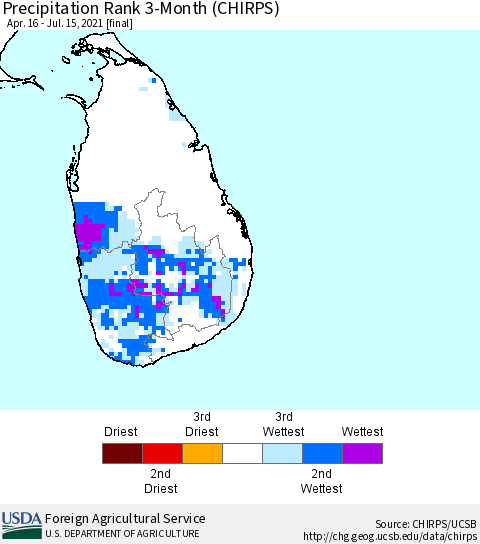 Sri Lanka Precipitation Rank since 1981, 3-Month (CHIRPS) Thematic Map For 4/16/2021 - 7/15/2021