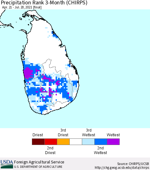 Sri Lanka Precipitation Rank since 1981, 3-Month (CHIRPS) Thematic Map For 4/21/2021 - 7/20/2021
