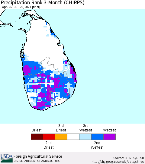 Sri Lanka Precipitation Rank 3-Month (CHIRPS) Thematic Map For 4/26/2021 - 7/25/2021