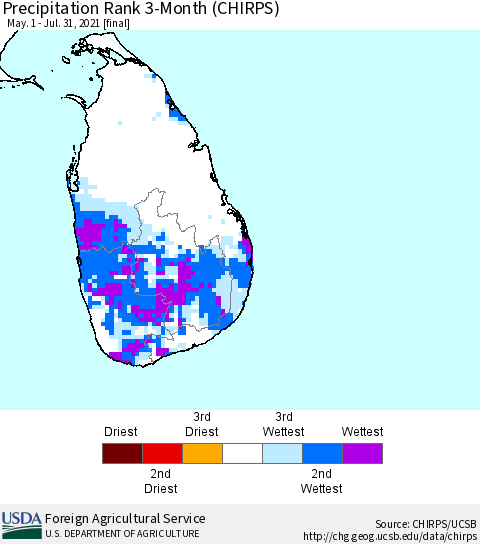 Sri Lanka Precipitation Rank since 1981, 3-Month (CHIRPS) Thematic Map For 5/1/2021 - 7/31/2021