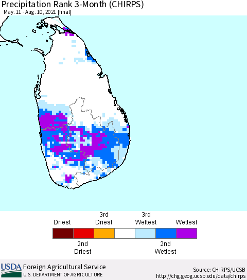 Sri Lanka Precipitation Rank since 1981, 3-Month (CHIRPS) Thematic Map For 5/11/2021 - 8/10/2021