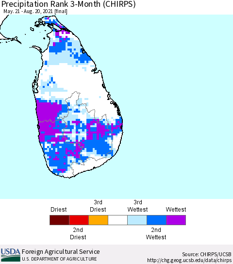 Sri Lanka Precipitation Rank since 1981, 3-Month (CHIRPS) Thematic Map For 5/21/2021 - 8/20/2021