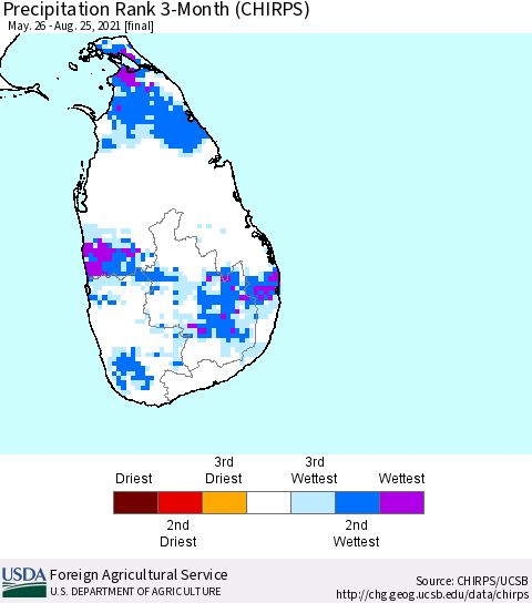 Sri Lanka Precipitation Rank since 1981, 3-Month (CHIRPS) Thematic Map For 5/26/2021 - 8/25/2021