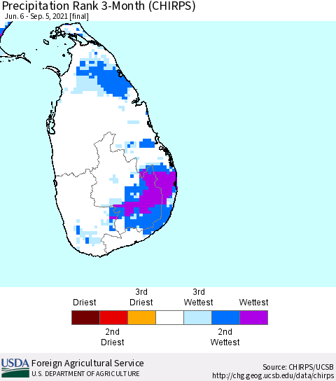 Sri Lanka Precipitation Rank since 1981, 3-Month (CHIRPS) Thematic Map For 6/6/2021 - 9/5/2021