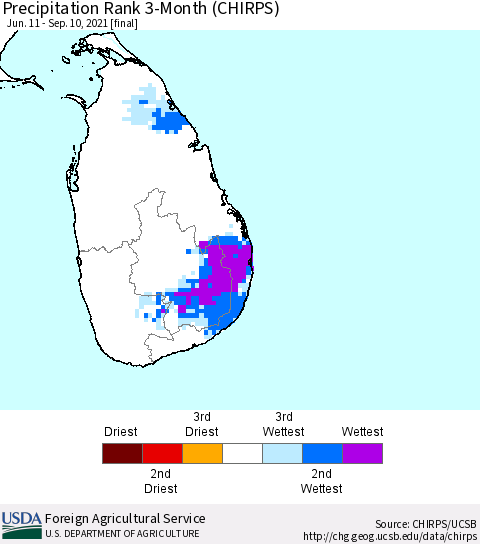 Sri Lanka Precipitation Rank since 1981, 3-Month (CHIRPS) Thematic Map For 6/11/2021 - 9/10/2021