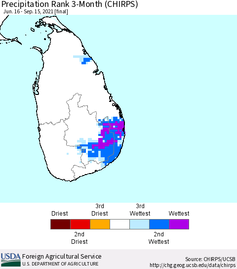 Sri Lanka Precipitation Rank since 1981, 3-Month (CHIRPS) Thematic Map For 6/16/2021 - 9/15/2021