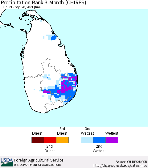 Sri Lanka Precipitation Rank since 1981, 3-Month (CHIRPS) Thematic Map For 6/21/2021 - 9/20/2021