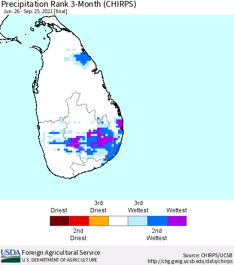 Sri Lanka Precipitation Rank 3-Month (CHIRPS) Thematic Map For 6/26/2021 - 9/25/2021