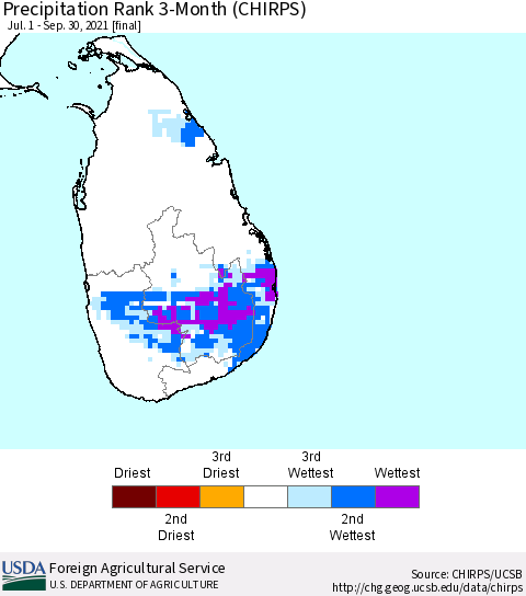 Sri Lanka Precipitation Rank since 1981, 3-Month (CHIRPS) Thematic Map For 7/1/2021 - 9/30/2021