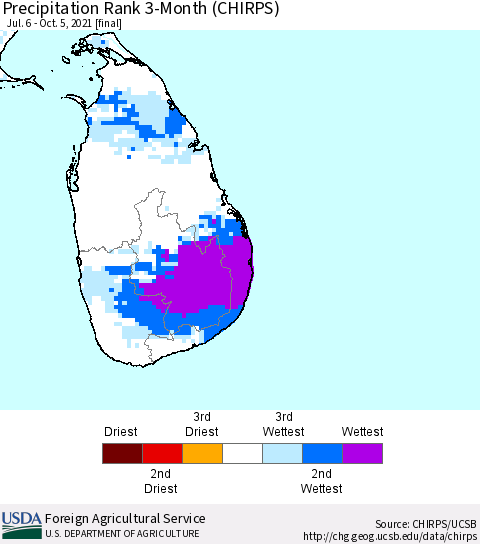 Sri Lanka Precipitation Rank since 1981, 3-Month (CHIRPS) Thematic Map For 7/6/2021 - 10/5/2021
