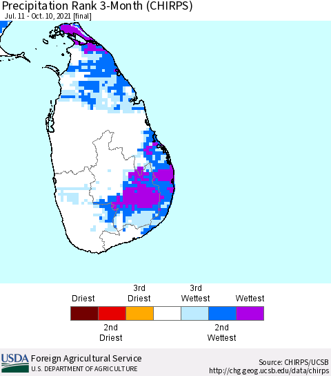 Sri Lanka Precipitation Rank 3-Month (CHIRPS) Thematic Map For 7/11/2021 - 10/10/2021