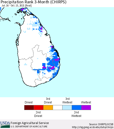 Sri Lanka Precipitation Rank 3-Month (CHIRPS) Thematic Map For 7/16/2021 - 10/15/2021