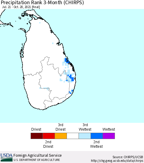 Sri Lanka Precipitation Rank since 1981, 3-Month (CHIRPS) Thematic Map For 7/21/2021 - 10/20/2021