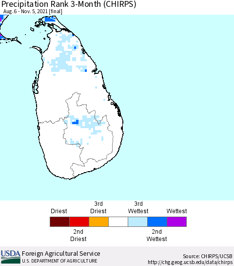 Sri Lanka Precipitation Rank since 1981, 3-Month (CHIRPS) Thematic Map For 8/6/2021 - 11/5/2021