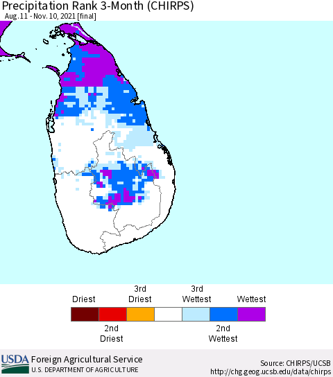 Sri Lanka Precipitation Rank since 1981, 3-Month (CHIRPS) Thematic Map For 8/11/2021 - 11/10/2021