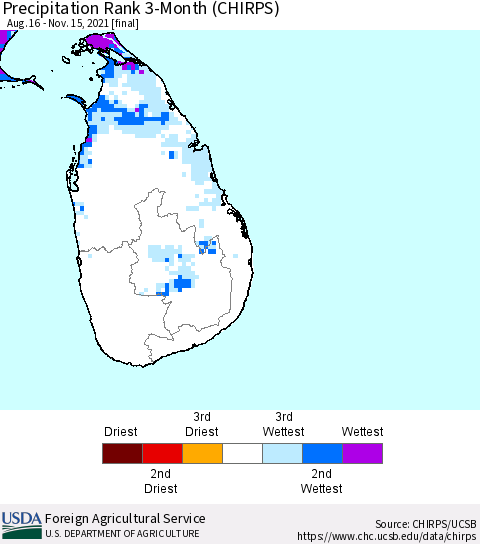 Sri Lanka Precipitation Rank since 1981, 3-Month (CHIRPS) Thematic Map For 8/16/2021 - 11/15/2021
