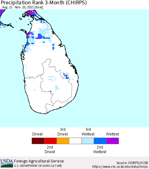 Sri Lanka Precipitation Rank since 1981, 3-Month (CHIRPS) Thematic Map For 8/21/2021 - 11/20/2021
